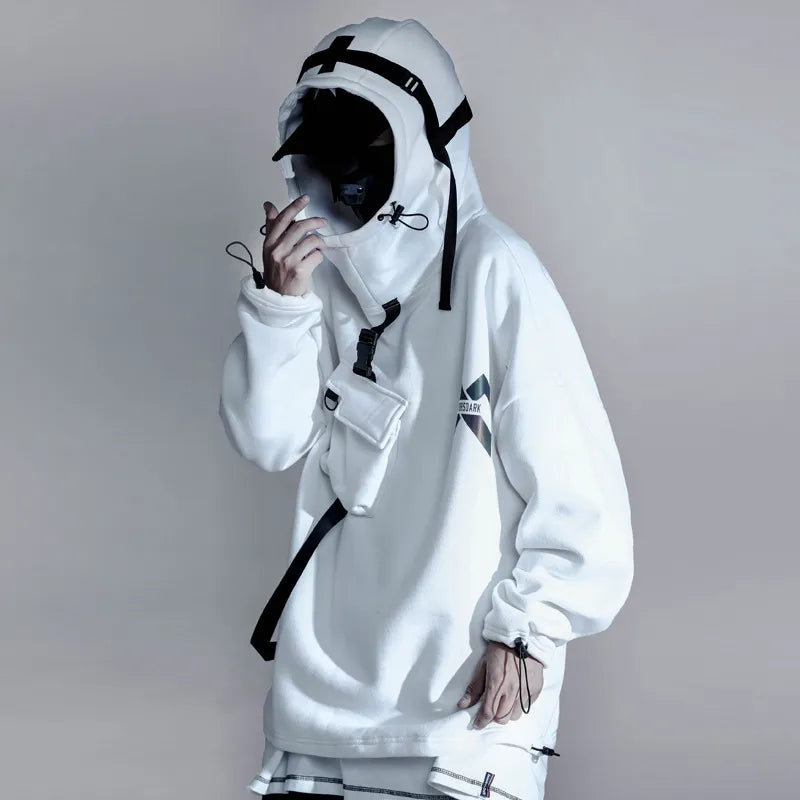 Techwear Hoodies with Ribbon Design / Hip Hop Streetwear Hoodie