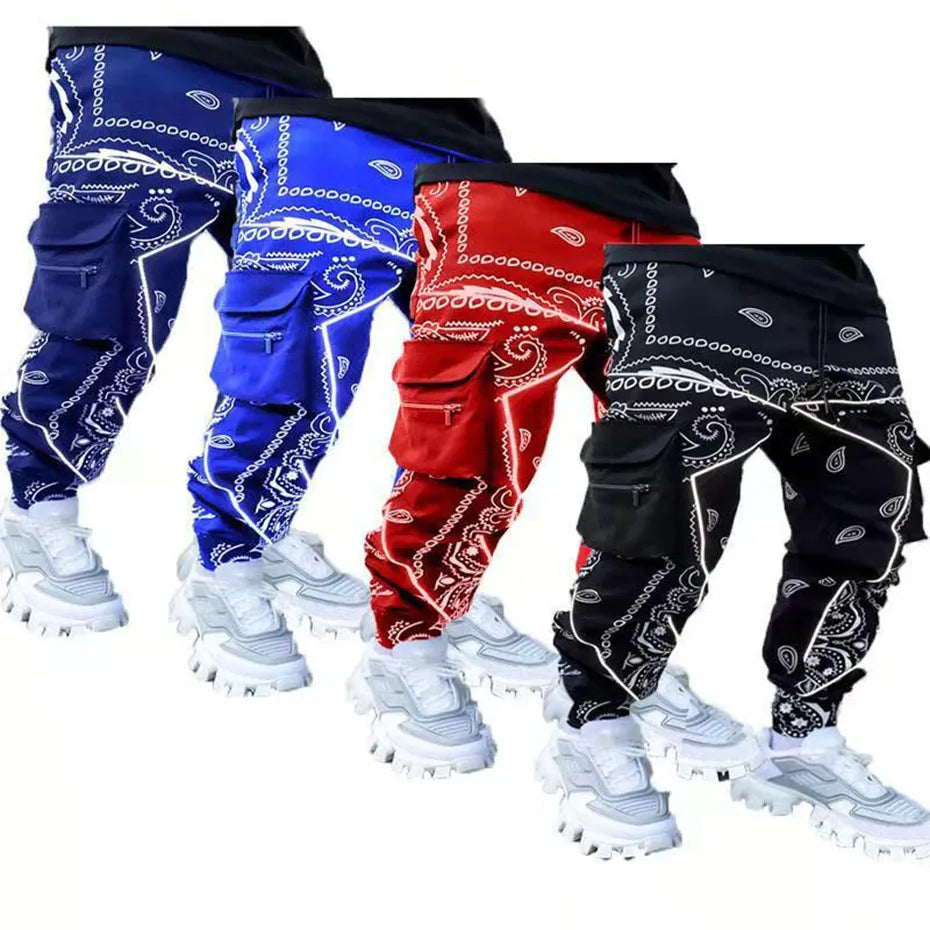 Pantalones Cargo Paisley para hombre, pantalones reflectantes a la moda, ropa de calle de gran tamaño, pantalones de Jogger de Hip Hop Harajuku, pantalones negros