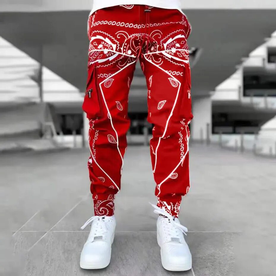 Pantalones Cargo Paisley para hombre, pantalones reflectantes a la moda, ropa de calle de gran tamaño, pantalones de Jogger de Hip Hop Harajuku, pantalones negros