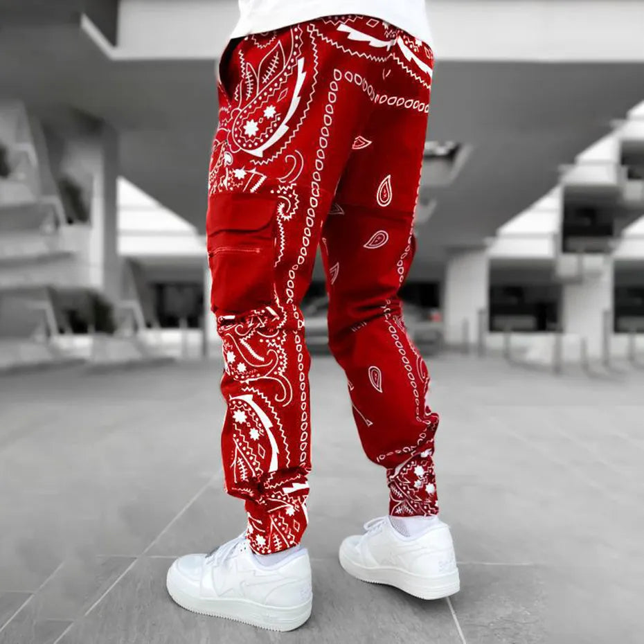 Pantalones Cargo Paisley para hombre, pantalones reflectantes a la moda, ropa de calle de gran tamaño, pantalones de Jogger de Hip Hop Harajuku, pantalones negros