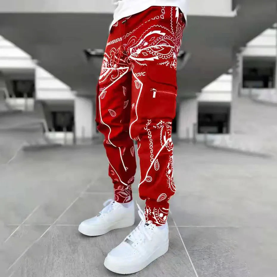 Pantalones Cargo Paisley para hombre, pantalones reflectantes a la moda, ropa de calle de gran tamaño, pantalones de Jogger de Hip Hop Harajuku, pantalones negros