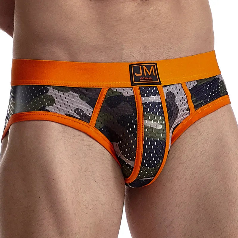 Jockmail malha respirável briefs shorts moda camuflagem impressão casual cuecas masculinas sexy cintura baixa troncos de natação roupa interior