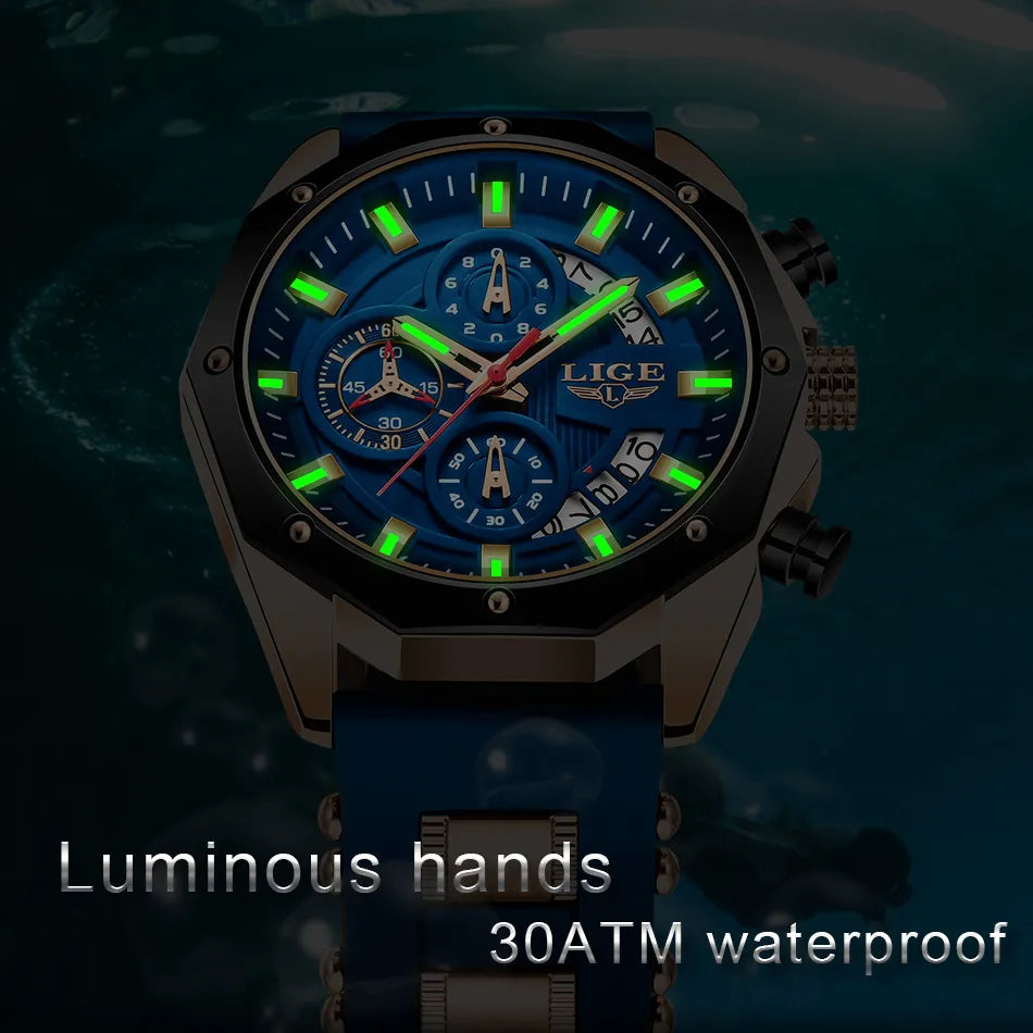 2023 LIGE Nova Moda Mens Relógios Top Marca de Luxo Silicone Relógio Esportivo Homens Quartzo Data Relógio de Pulso À Prova D 'Água Cronógrafo