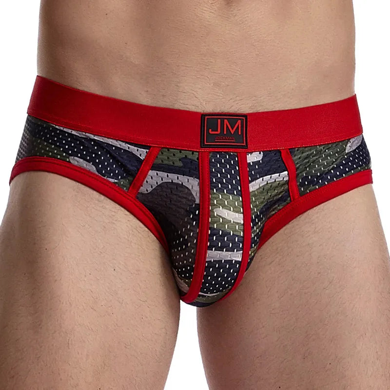 Jockmail malha respirável briefs shorts moda camuflagem impressão casual cuecas masculinas sexy cintura baixa troncos de natação roupa interior