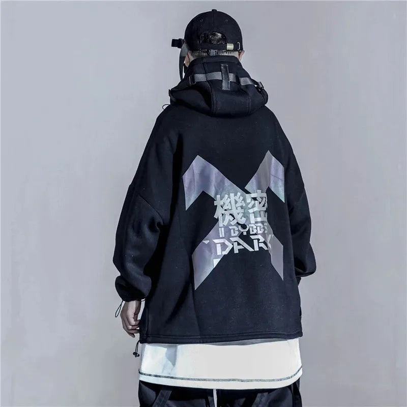 Techwear Hoodies with Ribbon Design / Hip Hop Streetwear Hoodie