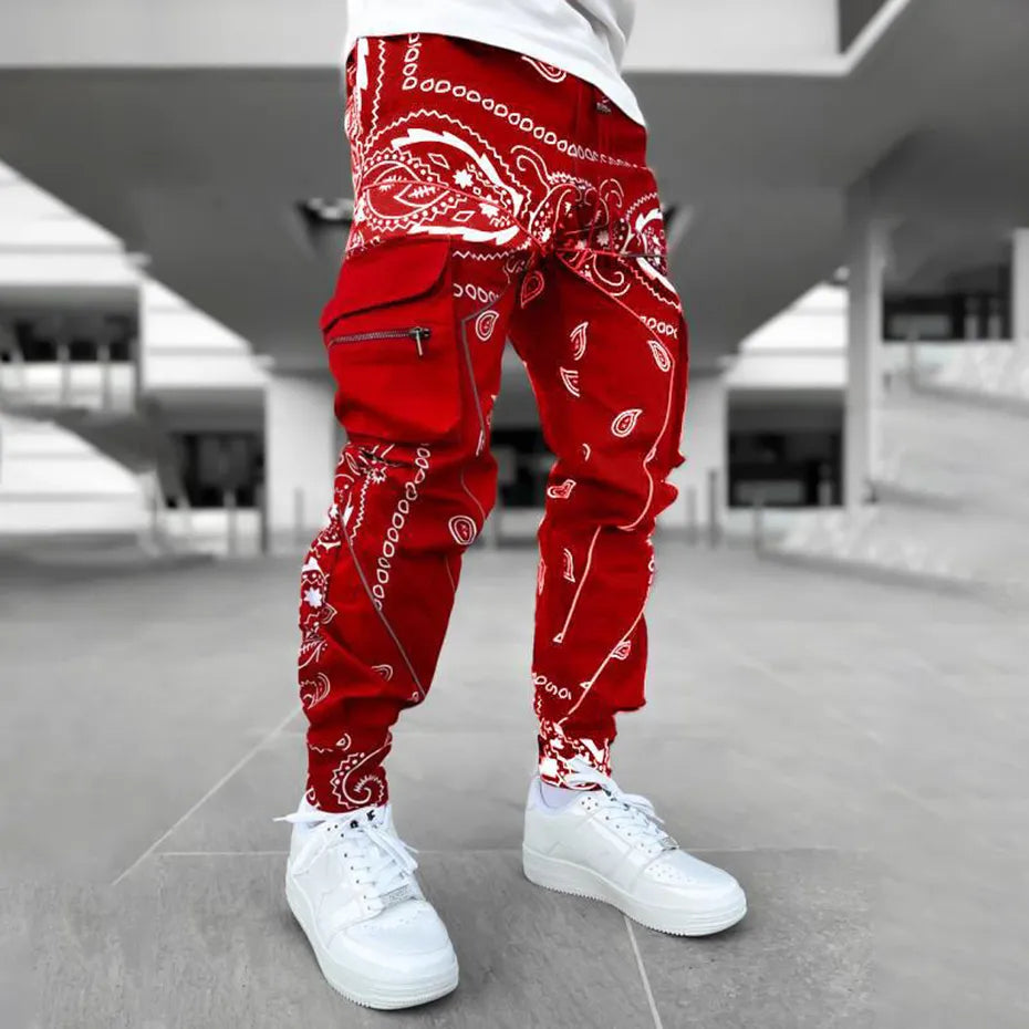 Pantalones Cargo Paisley para hombre, pantalones reflectantes a la moda, ropa de calle de gran tamaño, pantalones de Jogger de Hip Hop Harajuku, pantalones negros