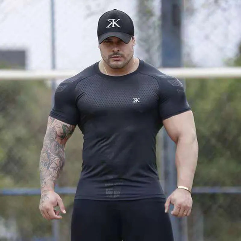 Camiseta de compresión de secado rápido para hombre, Camiseta corta ajustada para correr, deporte, gimnasio, Fitness, culturismo, entrenamiento, Tops negros, ropa