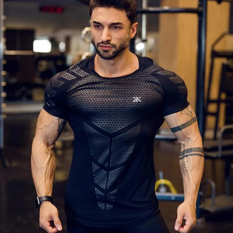 Camiseta de compresión de secado rápido para hombre, Camiseta corta ajustada para correr, deporte, gimnasio, Fitness, culturismo, entrenamiento, Tops negros, ropa