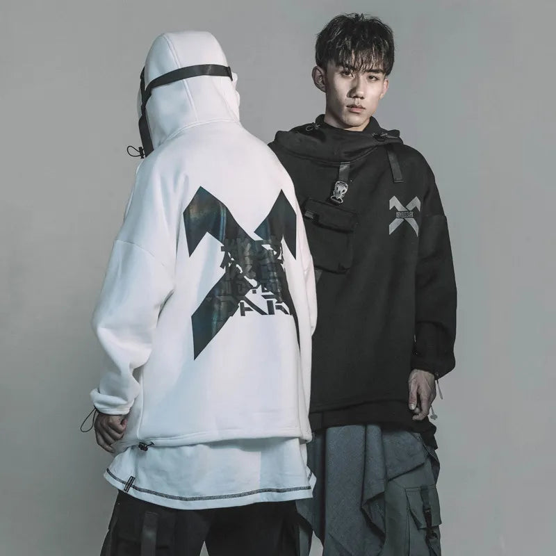 Techwear Hoodies with Ribbon Design / Hip Hop Streetwear Hoodie