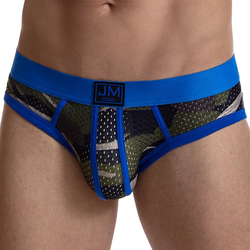 Jockmail malha respirável briefs shorts moda camuflagem impressão casual cuecas masculinas sexy cintura baixa troncos de natação roupa interior