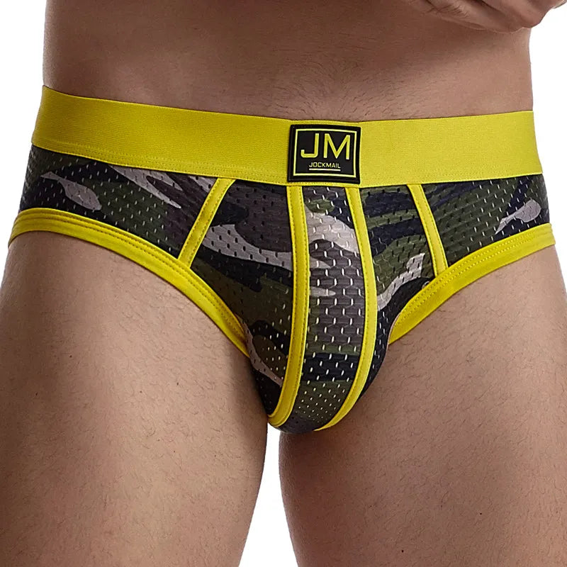 Jockmail malha respirável briefs shorts moda camuflagem impressão casual cuecas masculinas sexy cintura baixa troncos de natação roupa interior