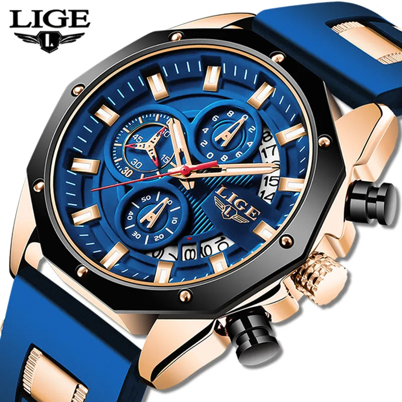 2023 LIGE Nova Moda Mens Relógios Top Marca de Luxo Silicone Relógio Esportivo Homens Quartzo Data Relógio de Pulso À Prova D 'Água Cronógrafo