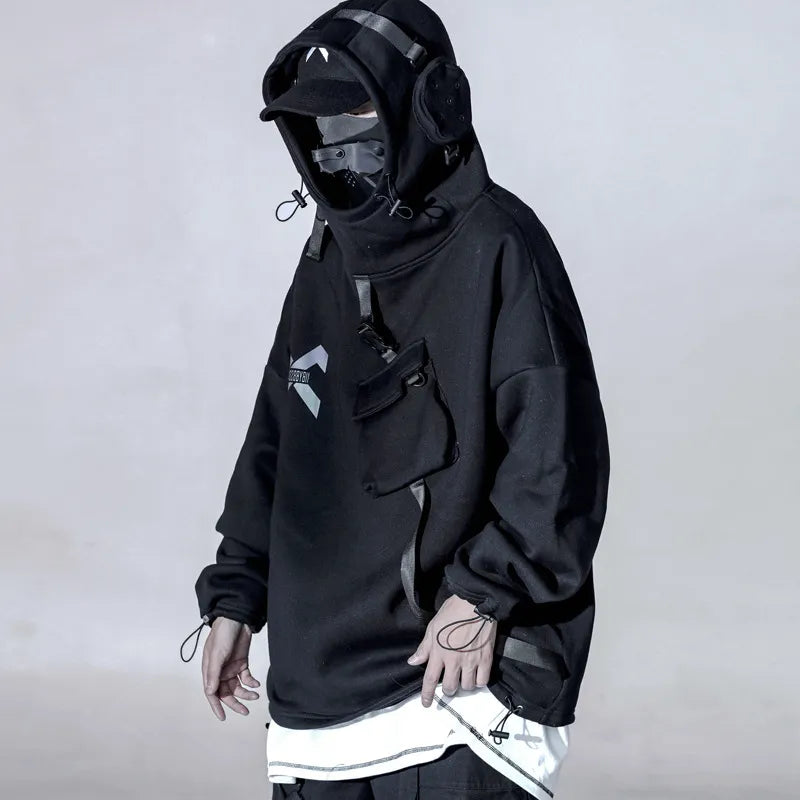 Techwear Hoodies with Ribbon Design / Hip Hop Streetwear Hoodie