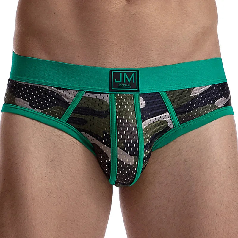 Jockmail malha respirável briefs shorts moda camuflagem impressão casual cuecas masculinas sexy cintura baixa troncos de natação roupa interior
