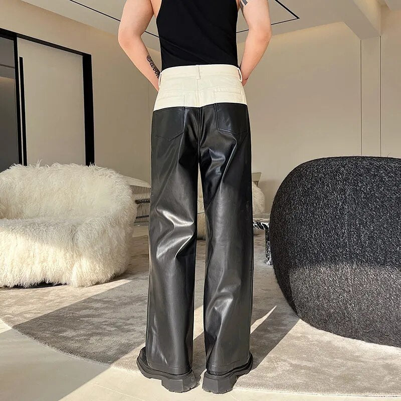 IEFB-Pantalones rectos versátiles con contraste de Color de cuero PU a juego vaqueros de diseñador pantalones masculinos de pierna ancha High Street 9A7434 2023
