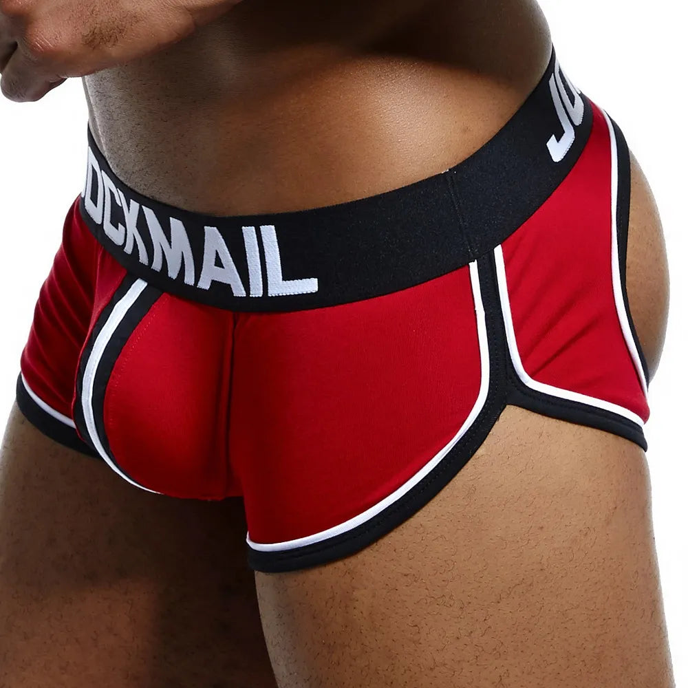 JOCKMAIL marca hombres ropa interior Boxer shorts espalda descubierta nalgas algodón Sexy espalda abierta hombre Gay calzoncillos suspensorio cuecas sissy baúl