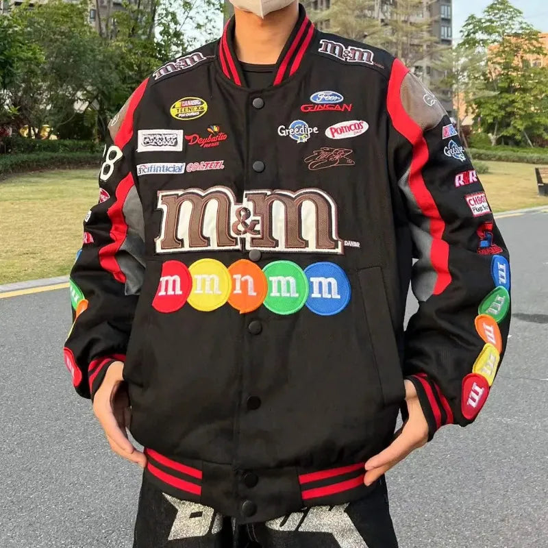 Chaqueta Bomber para hombre y mujer, abrigo de béisbol holgado con bordado de M &amp; M de Hip Hop para motocicleta, prendas de vestir universitarias de carreras callejeras informales de alta calidad