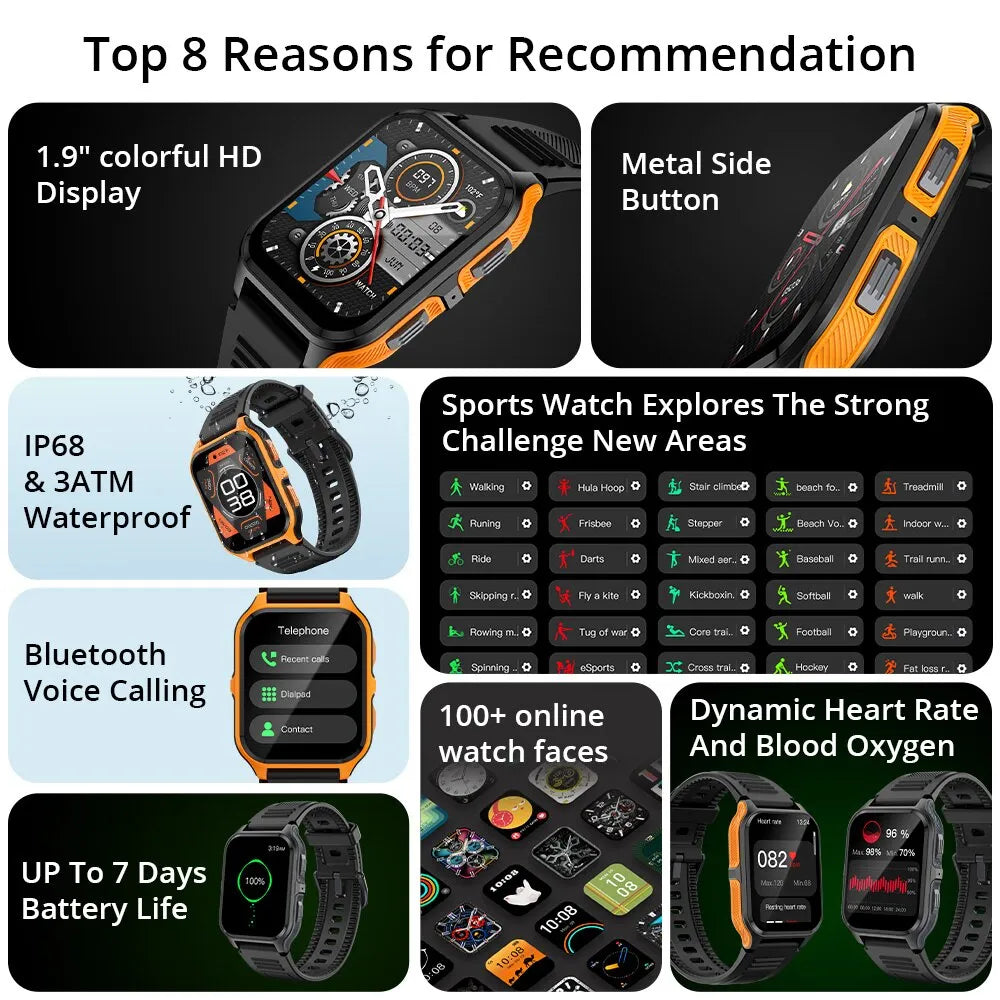 Colmi p73 1.9 "relógio inteligente militar ao ar livre masculino bluetooth chamada smartwatch para xiaomi android ios, ip68 à prova dip68 água relógio de fitness