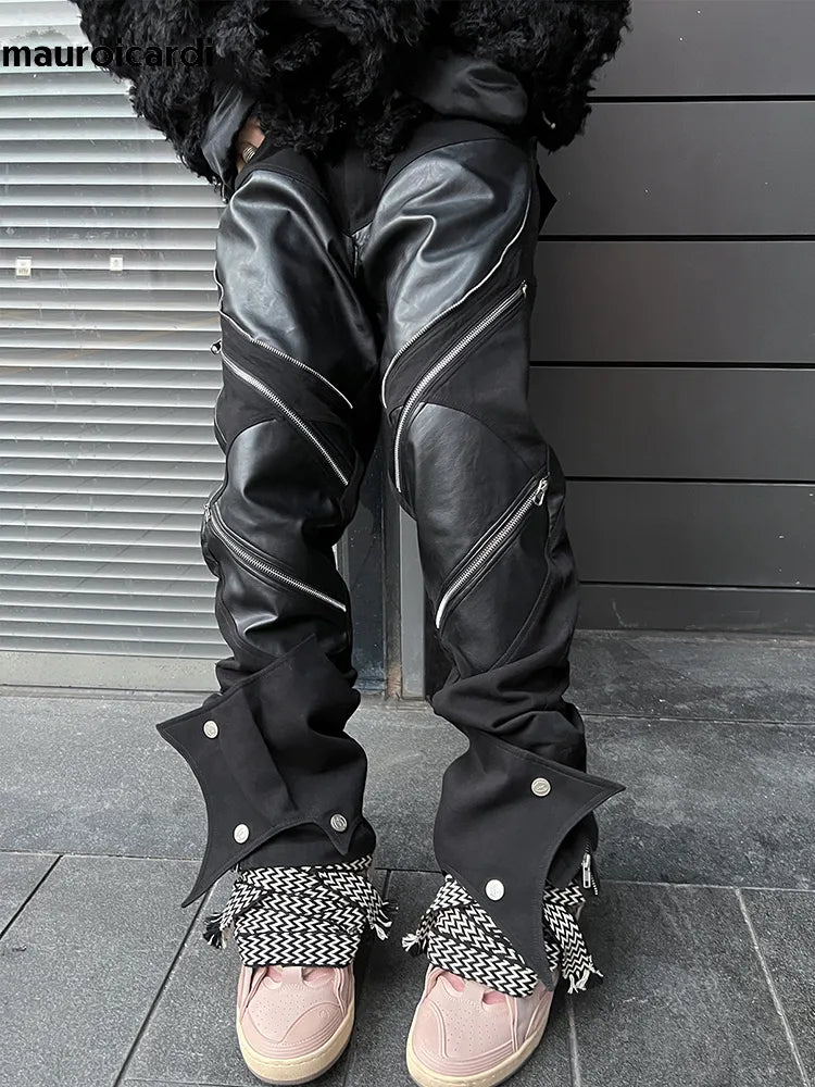 Mauroicardi primavera outono longo preto retalhos calças de couro do plutônio dos homens com muitos zíperes roupas designer luxo modas