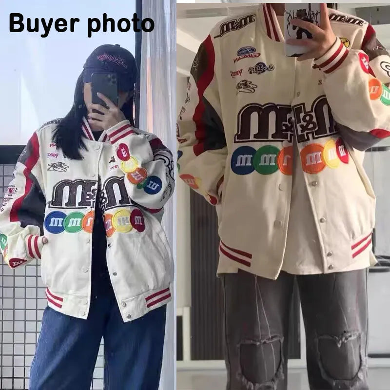 Chaqueta Bomber para hombre y mujer, abrigo de béisbol holgado con bordado de M &amp; M de Hip Hop para motocicleta, prendas de vestir universitarias de carreras callejeras informales de alta calidad