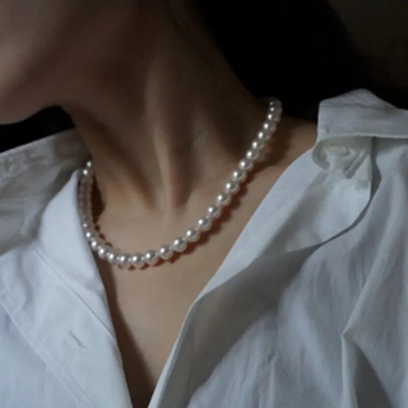 4/6/8/10mm contas na moda imitação de pérolas colar para homens feitos à mão clássico colar de pérolas gargantilha para homens mulheres jóias presente