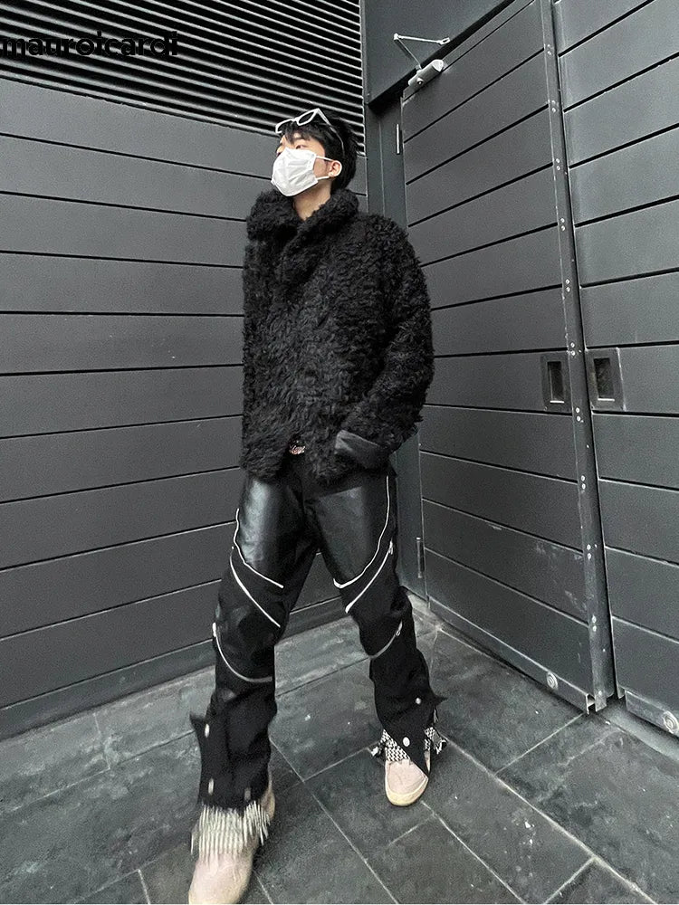 Mauroicardi primavera outono longo preto retalhos calças de couro do plutônio dos homens com muitos zíperes roupas designer luxo modas