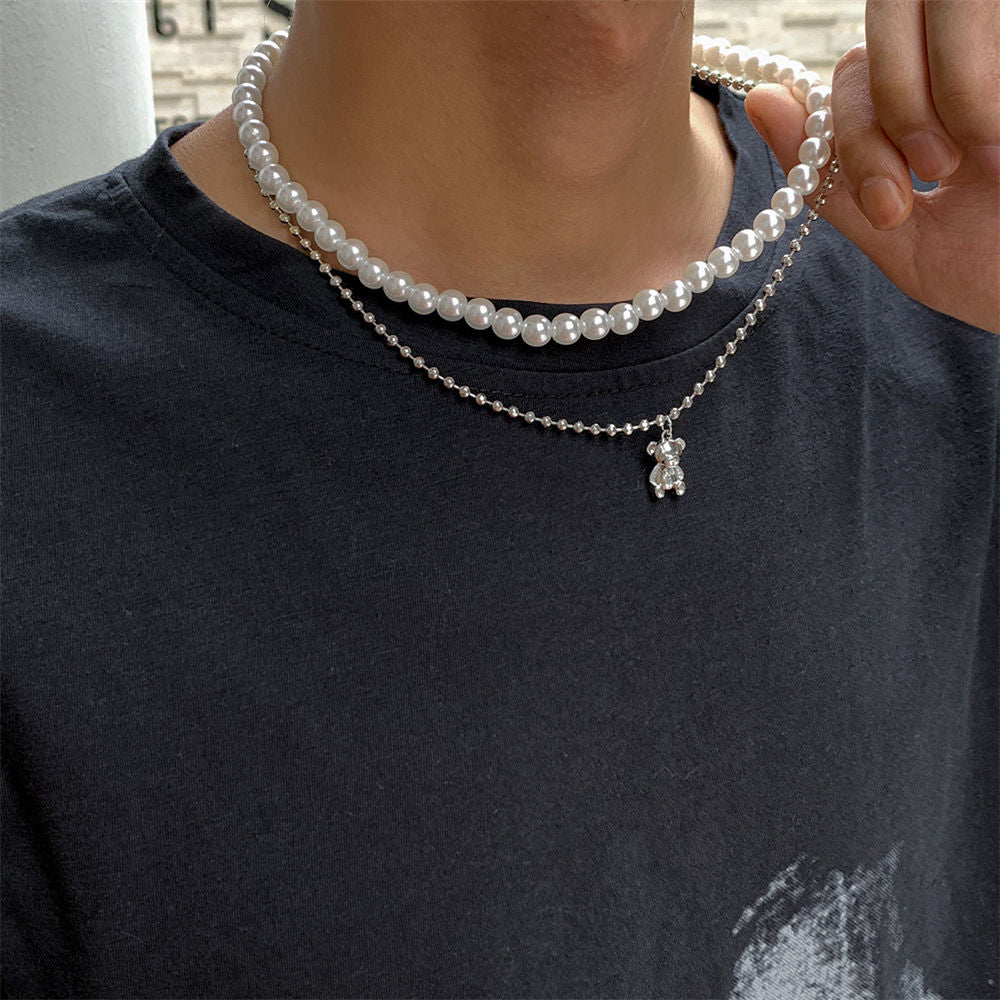 Gattvict y2k moda imitação de pérolas gargantilhas colar para homens punk urso em camadas pingente colar personalidade jóias femininas