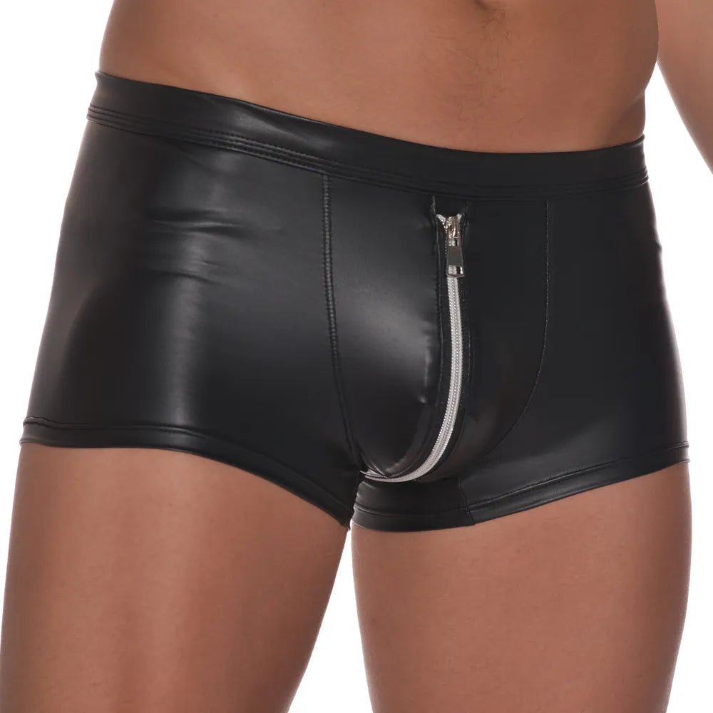 Boxer Sexy para hombre, Boxers de cuero PU, pantalones cortos para hombre, calzoncillos antideslizantes, funda para pene para gais, ropa interior para hombre caliente, bragas con cremallera abierta a tope