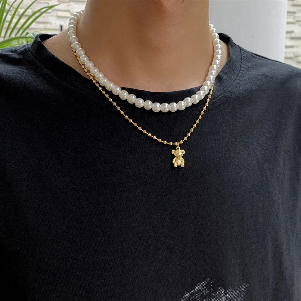 Gattvict y2k moda imitação de pérolas gargantilhas colar para homens punk urso em camadas pingente colar personalidade jóias femininas