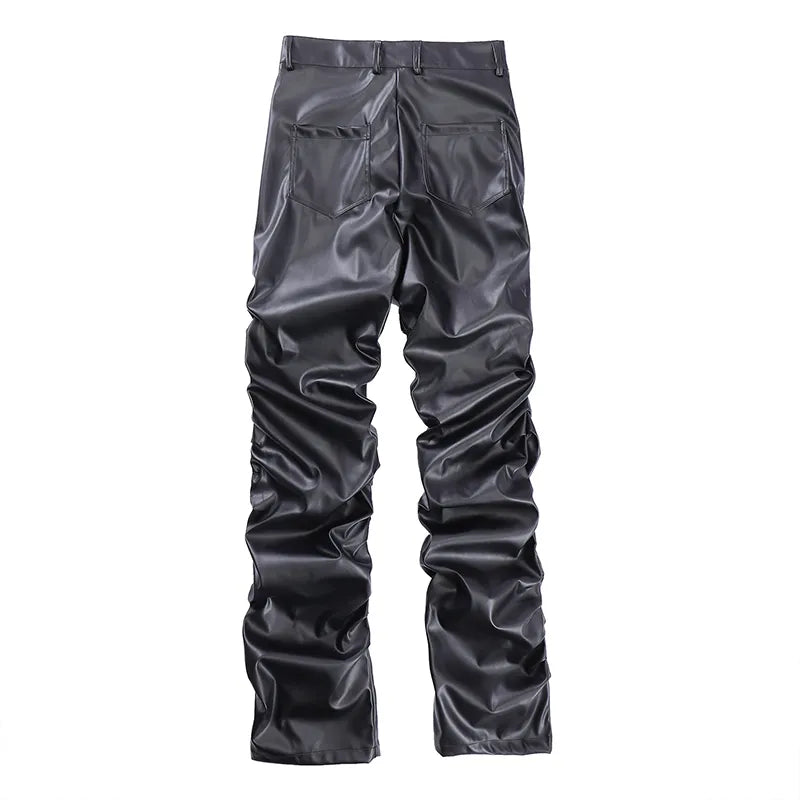 Pantalones plisados ​​de piel sintética para hombre, estilo Hip Hop, ropa de calle Retro Harajuku, pantalones informales holgados fruncidos, pantalones negros rectos de Color sólido