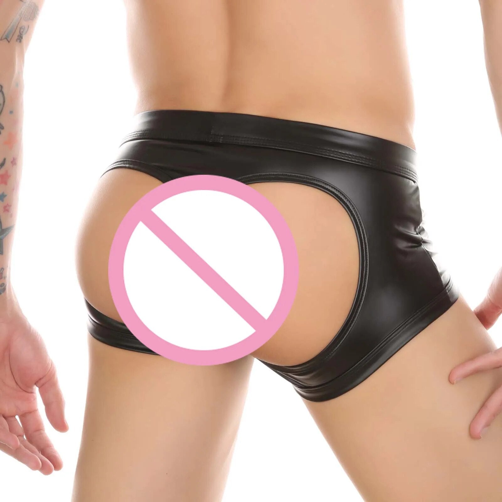 CLEVER-MENMODE Boxers para hombre, ropa interior de piel sintética, aspecto mojado, bragas sexis, trasero abierto, Tanga, calzoncillos, nalgas, Boxershorts para Club