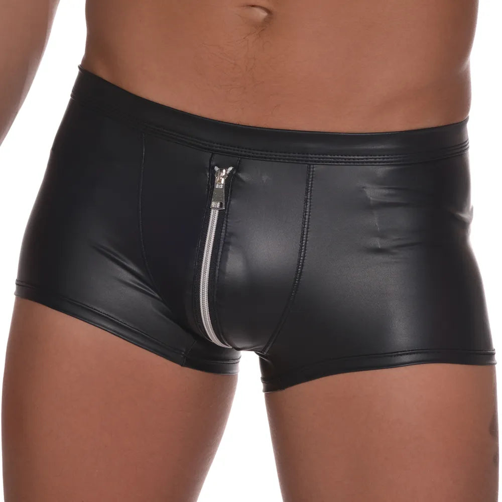 Boxer Sexy para hombre, Boxers de cuero PU, pantalones cortos para hombre, calzoncillos antideslizantes, funda para pene para gais, ropa interior para hombre caliente, bragas con cremallera abierta a tope