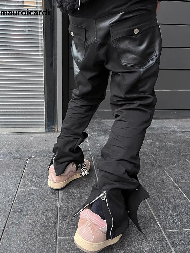 Mauroicardi primavera outono longo preto retalhos calças de couro do plutônio dos homens com muitos zíperes roupas designer luxo modas