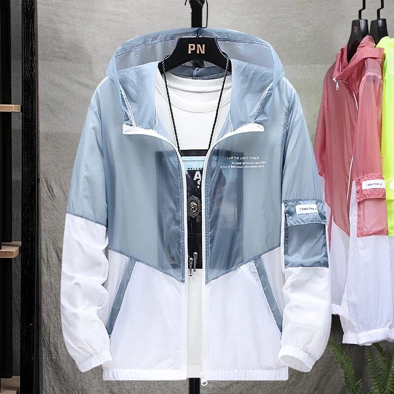 Abrigos de piel con protección UV para hombre, cortavientos fino con protector solar, chaqueta transpirable con cremallera y capucha, ropa de moda para hombre 2023