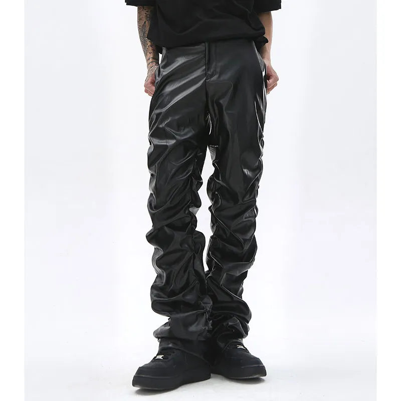 Pantalones plisados ​​de piel sintética para hombre, estilo Hip Hop, ropa de calle Retro Harajuku, pantalones informales holgados fruncidos, pantalones negros rectos de Color sólido