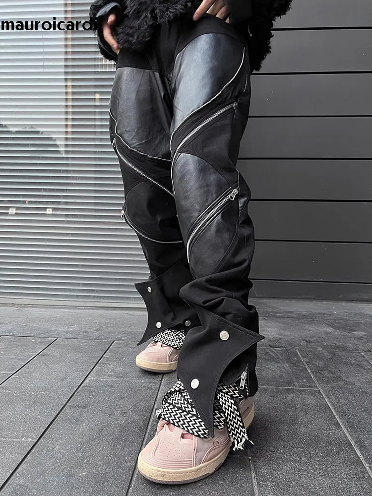 Mauroicardi primavera outono longo preto retalhos calças de couro do plutônio dos homens com muitos zíperes roupas designer luxo modas
