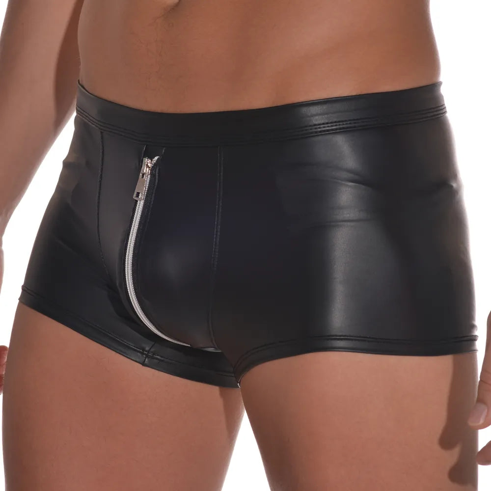 Boxer Sexy para hombre, Boxers de cuero PU, pantalones cortos para hombre, calzoncillos antideslizantes, funda para pene para gais, ropa interior para hombre caliente, bragas con cremallera abierta a tope