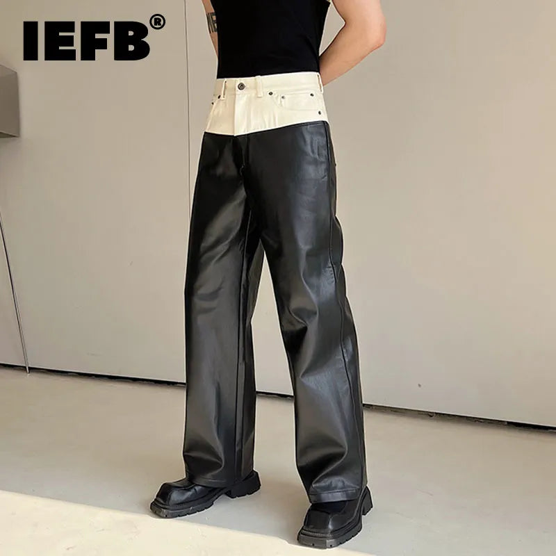IEFB-Pantalones rectos versátiles con contraste de Color de cuero PU a juego vaqueros de diseñador pantalones masculinos de pierna ancha High Street 9A7434 2023