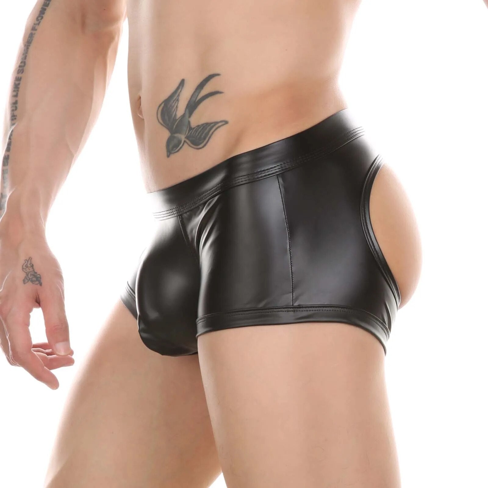 CLEVER-MENMODE Boxers para hombre, ropa interior de piel sintética, aspecto mojado, bragas sexis, trasero abierto, Tanga, calzoncillos, nalgas, Boxershorts para Club