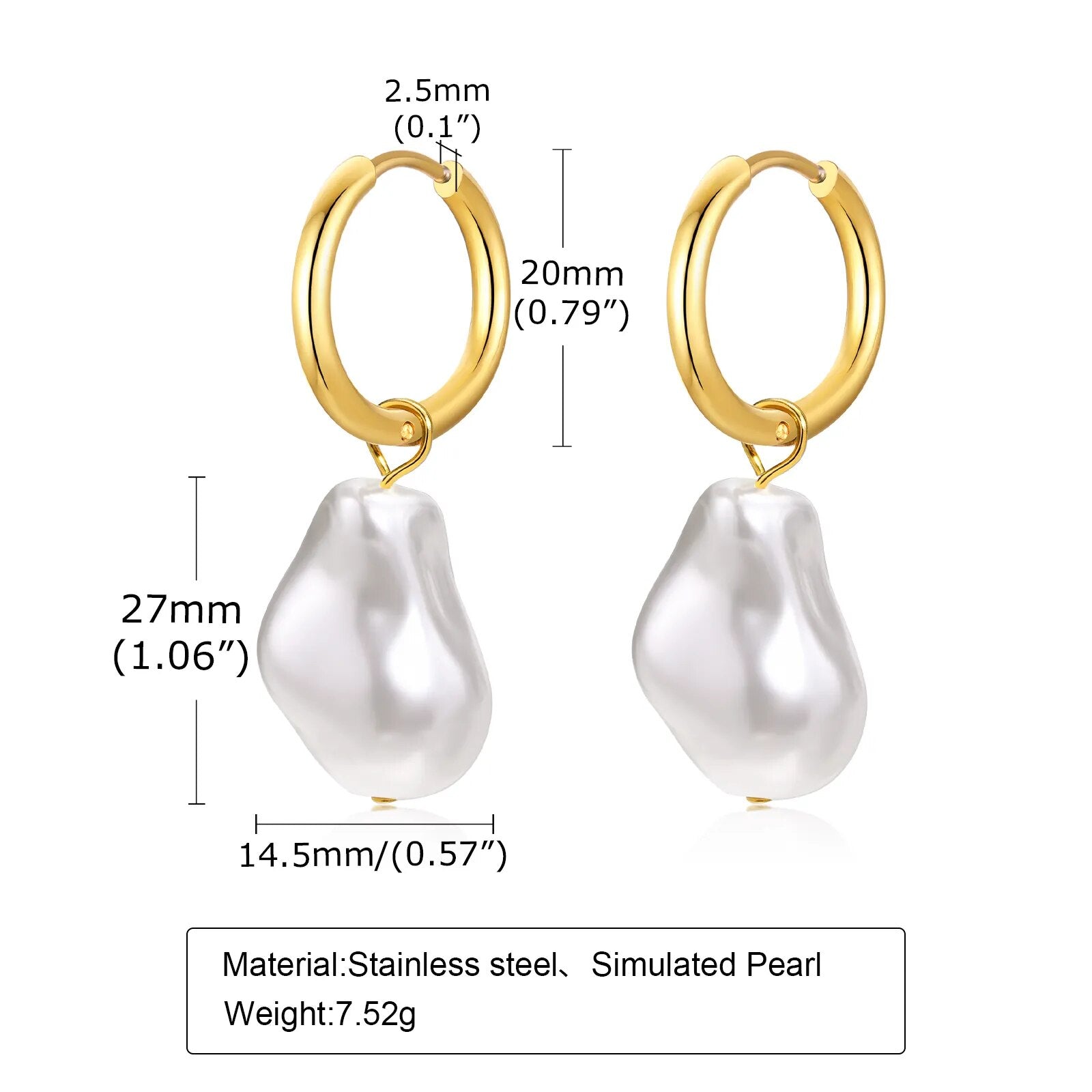 Pendientes de perlas barrocas, pendientes de aro de perlas de imitación, pendientes de perlas irregulares gruesos para hombres y mujeres