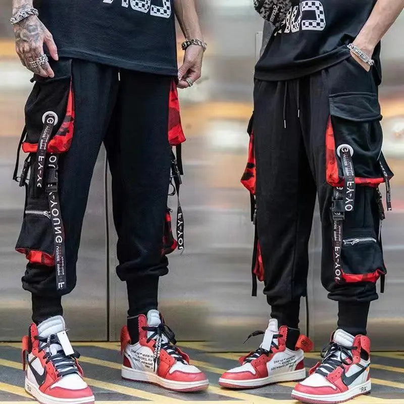Clássico streetwear hip hop joggers homens carta fitas calças de carga bolsos trilha tático casual masculino moletom kz99