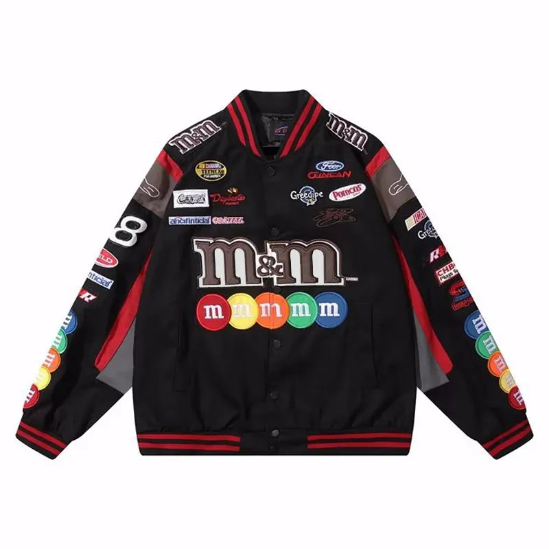Chaqueta Bomber para hombre y mujer, abrigo de béisbol holgado con bordado de M &amp; M de Hip Hop para motocicleta, prendas de vestir universitarias de carreras callejeras informales de alta calidad