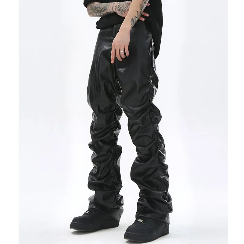 Pantalones plisados ​​de piel sintética para hombre, estilo Hip Hop, ropa de calle Retro Harajuku, pantalones informales holgados fruncidos, pantalones negros rectos de Color sólido