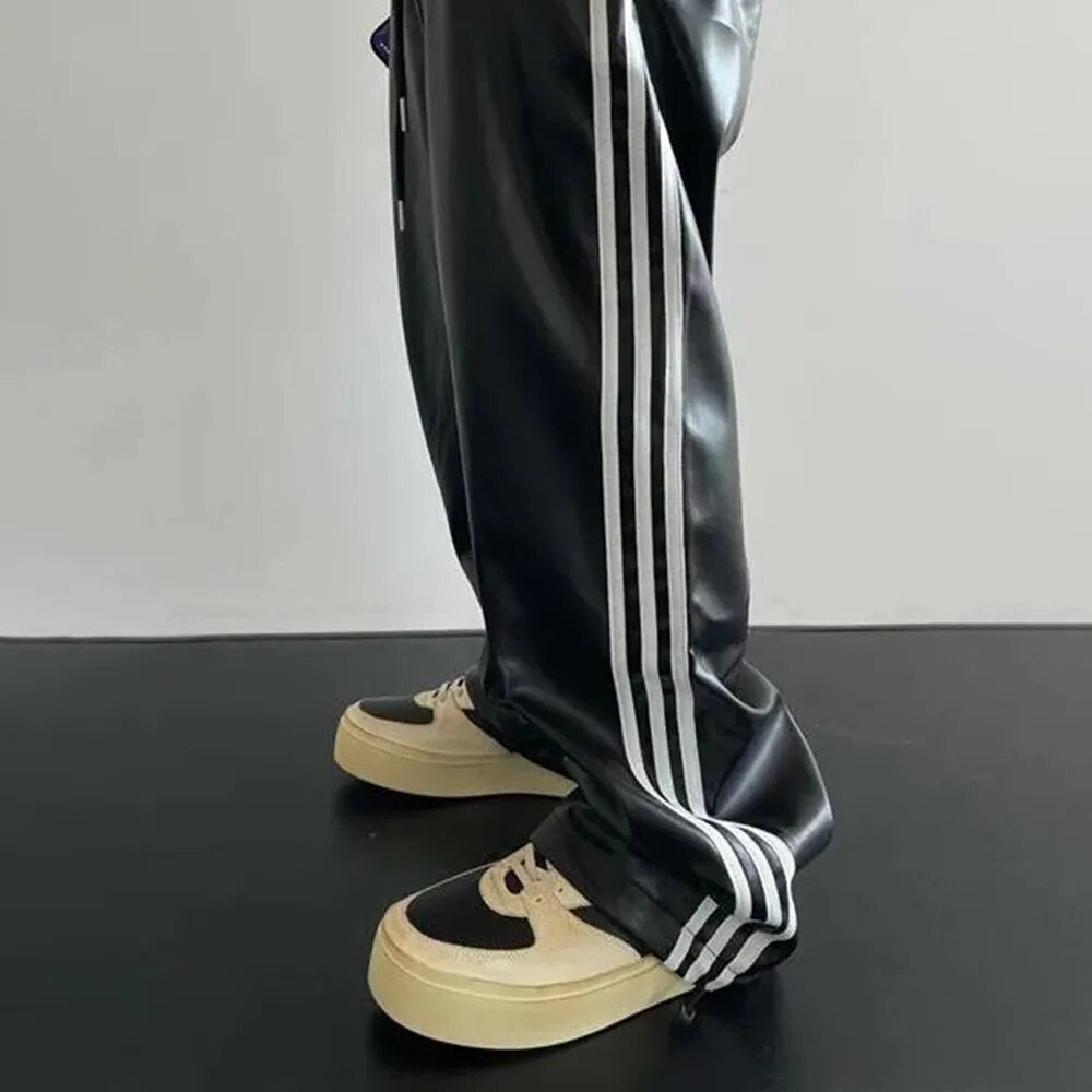 2023 nova primavera outono masculino solto em linha reta casual esfregar sentido calças esportivas de perna larga estilo de rua alta calças de couro