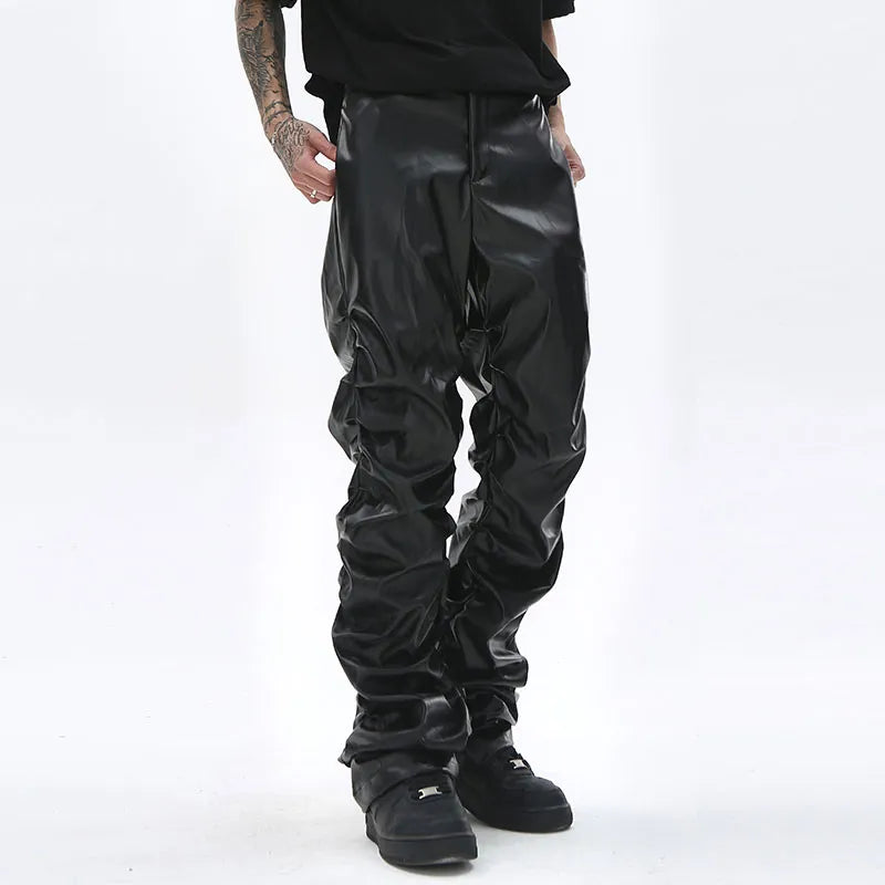 Pantalones plisados ​​de piel sintética para hombre, estilo Hip Hop, ropa de calle Retro Harajuku, pantalones informales holgados fruncidos, pantalones negros rectos de Color sólido