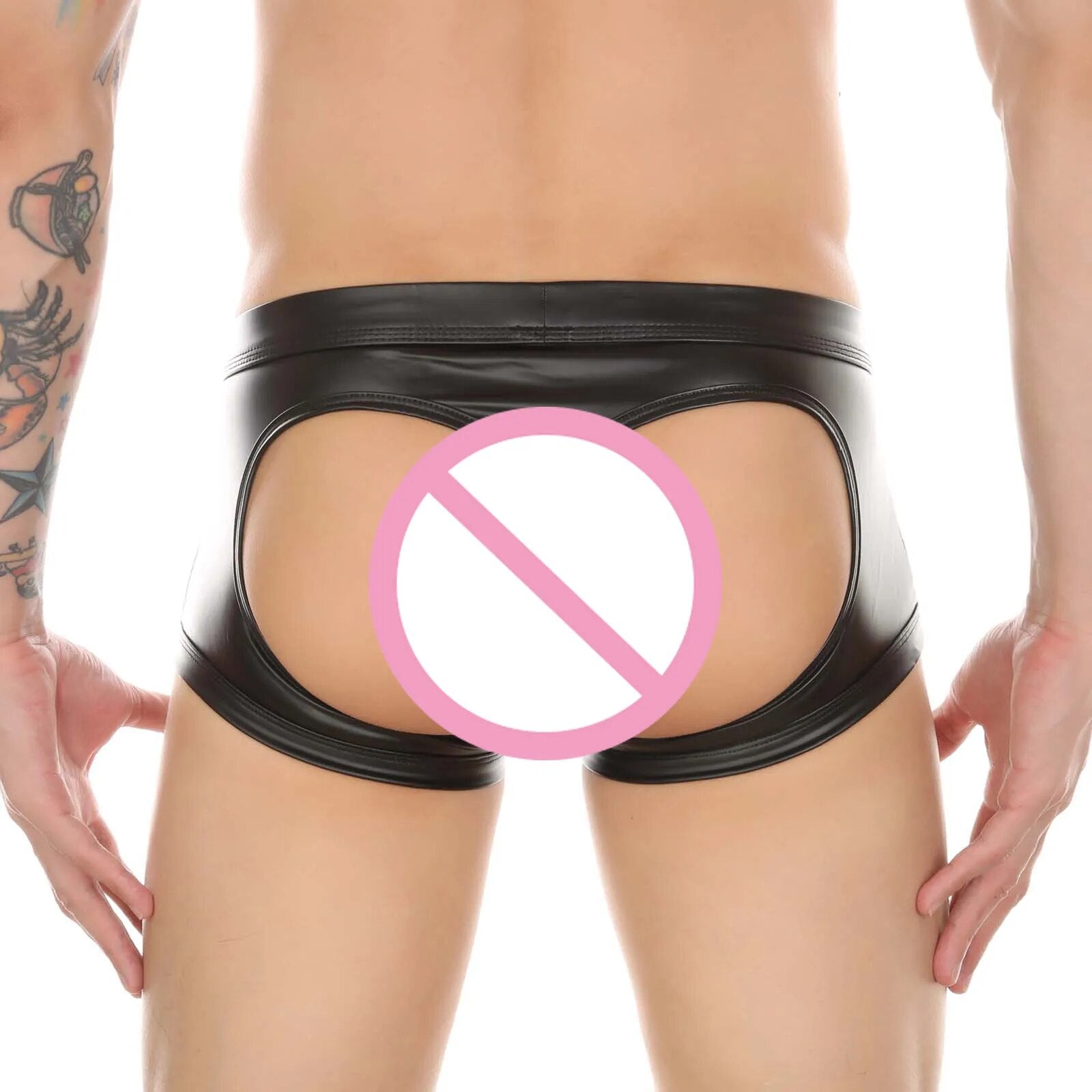 CLEVER-MENMODE Boxers para hombre, ropa interior de piel sintética, aspecto mojado, bragas sexis, trasero abierto, Tanga, calzoncillos, nalgas, Boxershorts para Club