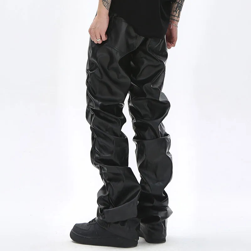 Pantalones plisados ​​de piel sintética para hombre, estilo Hip Hop, ropa de calle Retro Harajuku, pantalones informales holgados fruncidos, pantalones negros rectos de Color sólido