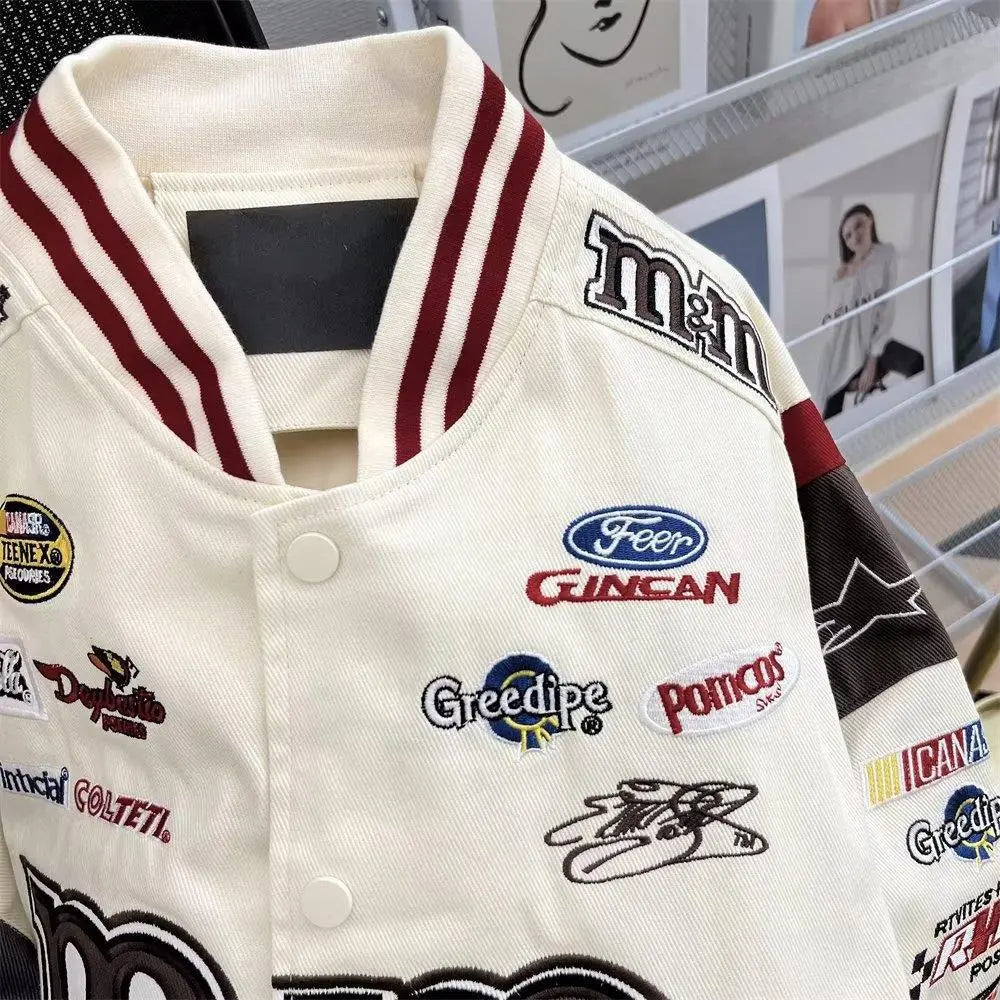 Chaqueta Bomber para hombre y mujer, abrigo de béisbol holgado con bordado de M &amp; M de Hip Hop para motocicleta, prendas de vestir universitarias de carreras callejeras informales de alta calidad