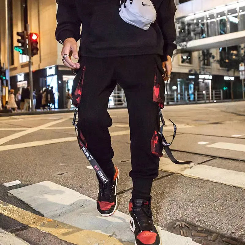Clássico streetwear hip hop joggers homens carta fitas calças de carga bolsos trilha tático casual masculino moletom kz99