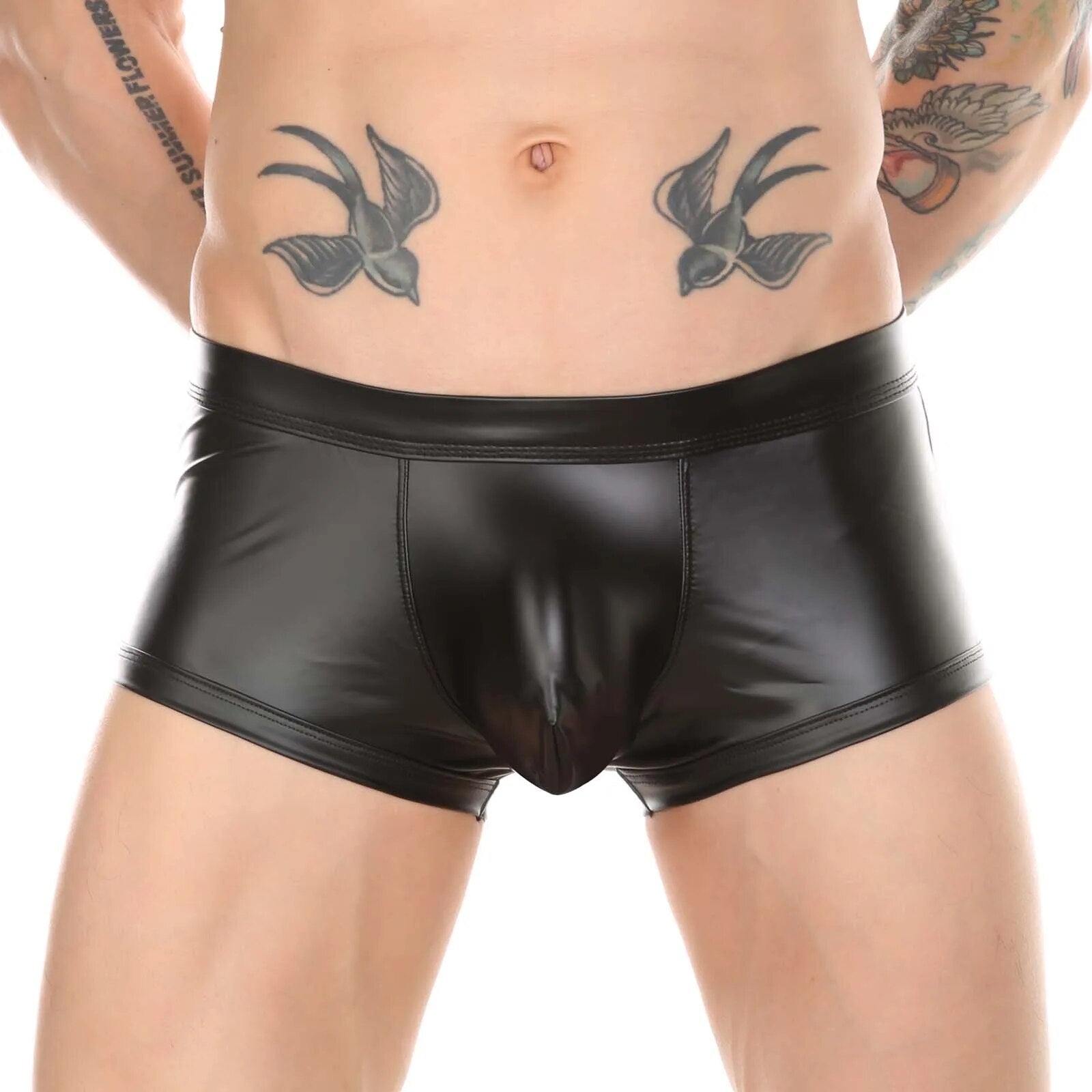 CLEVER-MENMODE Boxers para hombre, ropa interior de piel sintética, aspecto mojado, bragas sexis, trasero abierto, Tanga, calzoncillos, nalgas, Boxershorts para Club